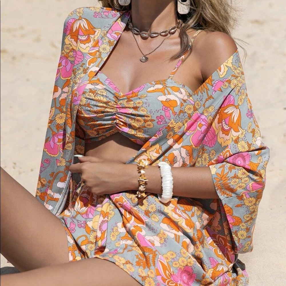Boho Bohemian Tropical Paisley Floral Print Cami bra Top Kimono Shorts Set - Picture 2 of 7